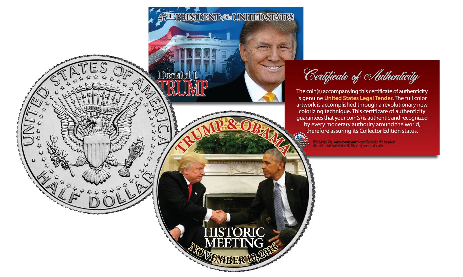 Donald Trump & Barack Obama HISTORIC MEETING Whitehouse Nov 10, 2016 JFK US Coin-2