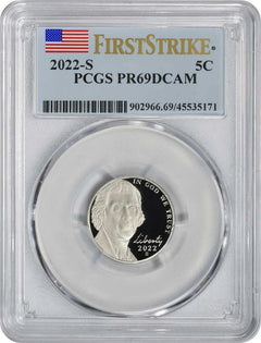 Moneda de níquel Jefferson 2022-S PR69DCAM de primer impacto PCGS-1