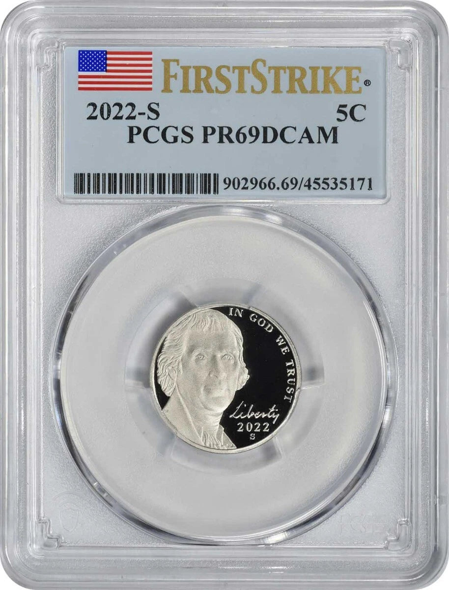 Moneda de níquel Jefferson 2022-S PR69DCAM de primer impacto PCGS