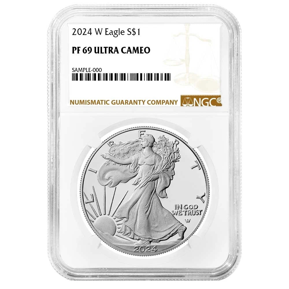 Moneda de plata americana Eagle NGC PF69UC de $1, 2024-W, etiqueta marrón-3