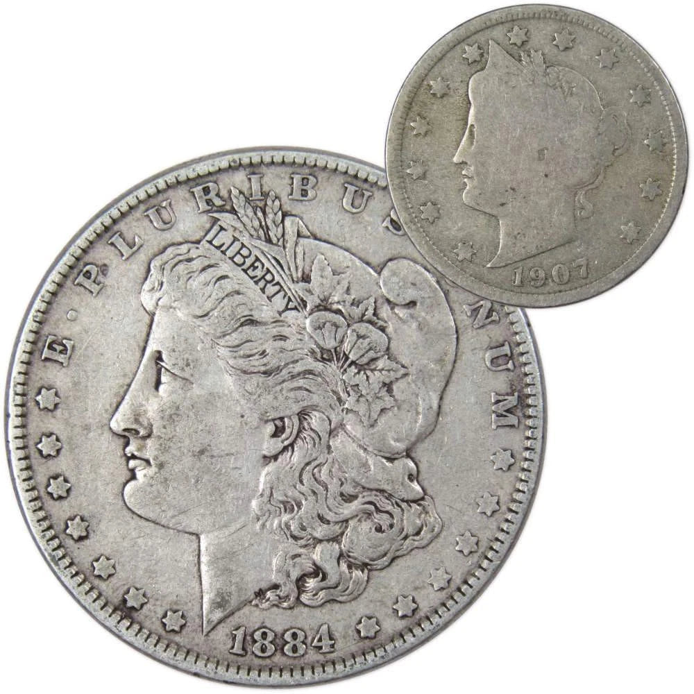 1884 Morgan Dollar VF Very Fine 90% Silver Coin with 1907 Liberty Nickel G Good