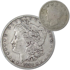 1884 Morgan Dollar VF Very Fine 90% Silver Coin with 1907 Liberty Nickel G Good-1