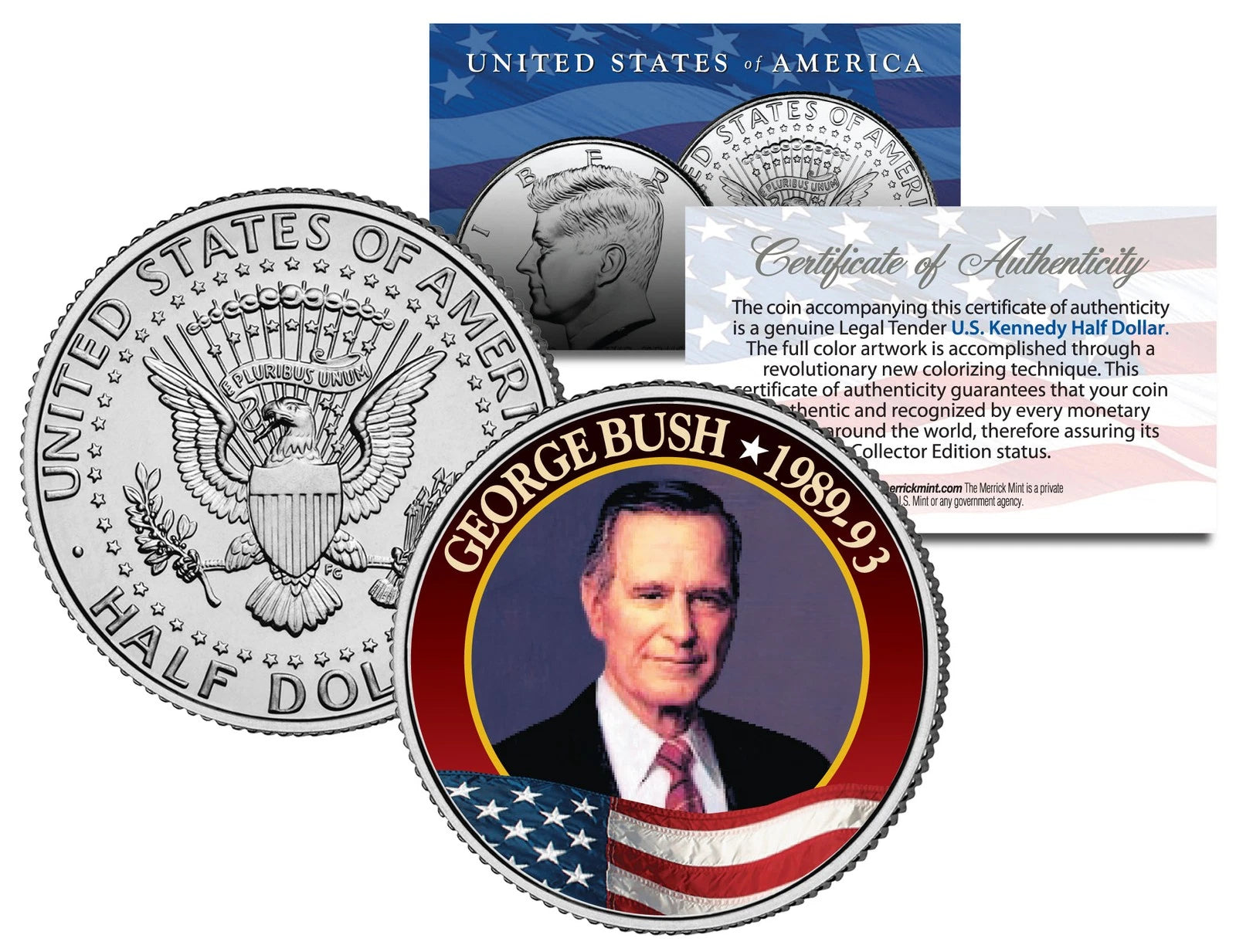 GEORGE HW BUSH President * 1989-1993 * JFK Kennedy Half Dollar Colorized US Coin