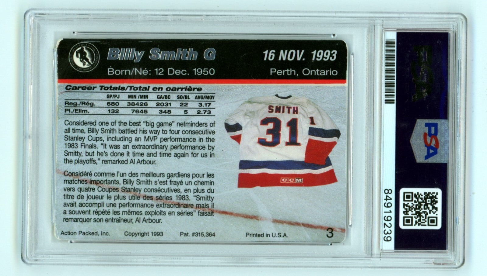 Billy Smith 1993 Action Packed #3 Signed PSA Authentic Auto NY Islanders HOF-2