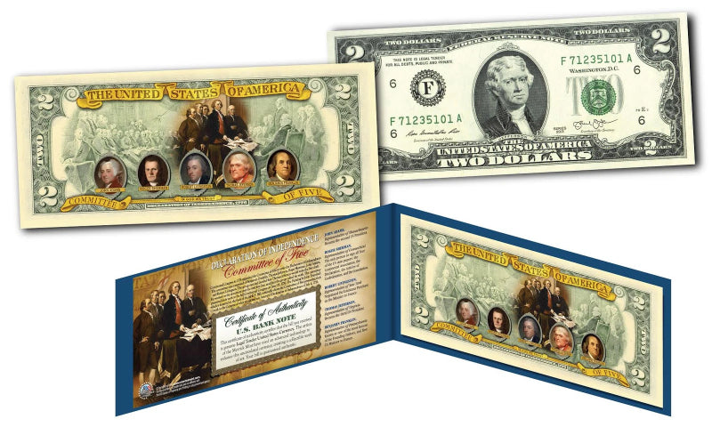 COMITÉ DE LOS CINCO Declaración de Independencia Billete de 2 dólares estadounidenses de curso legal genuino