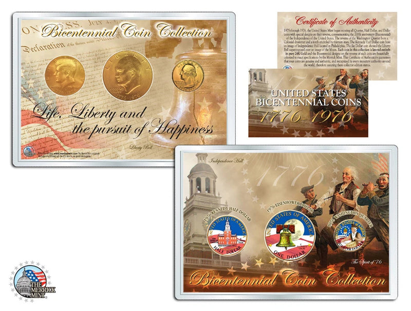 1776-1976 Bi-Centennial QUARTER JFK IKE Dollar 24K GOLD Plated Color 3-Coin Set-1