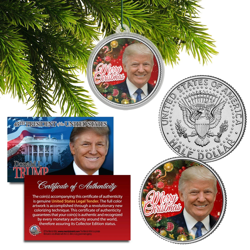 DONALD TRUMP Genuine XMAS JFK Half Dollar Coin in Christmas Ornament Tree Holder-1