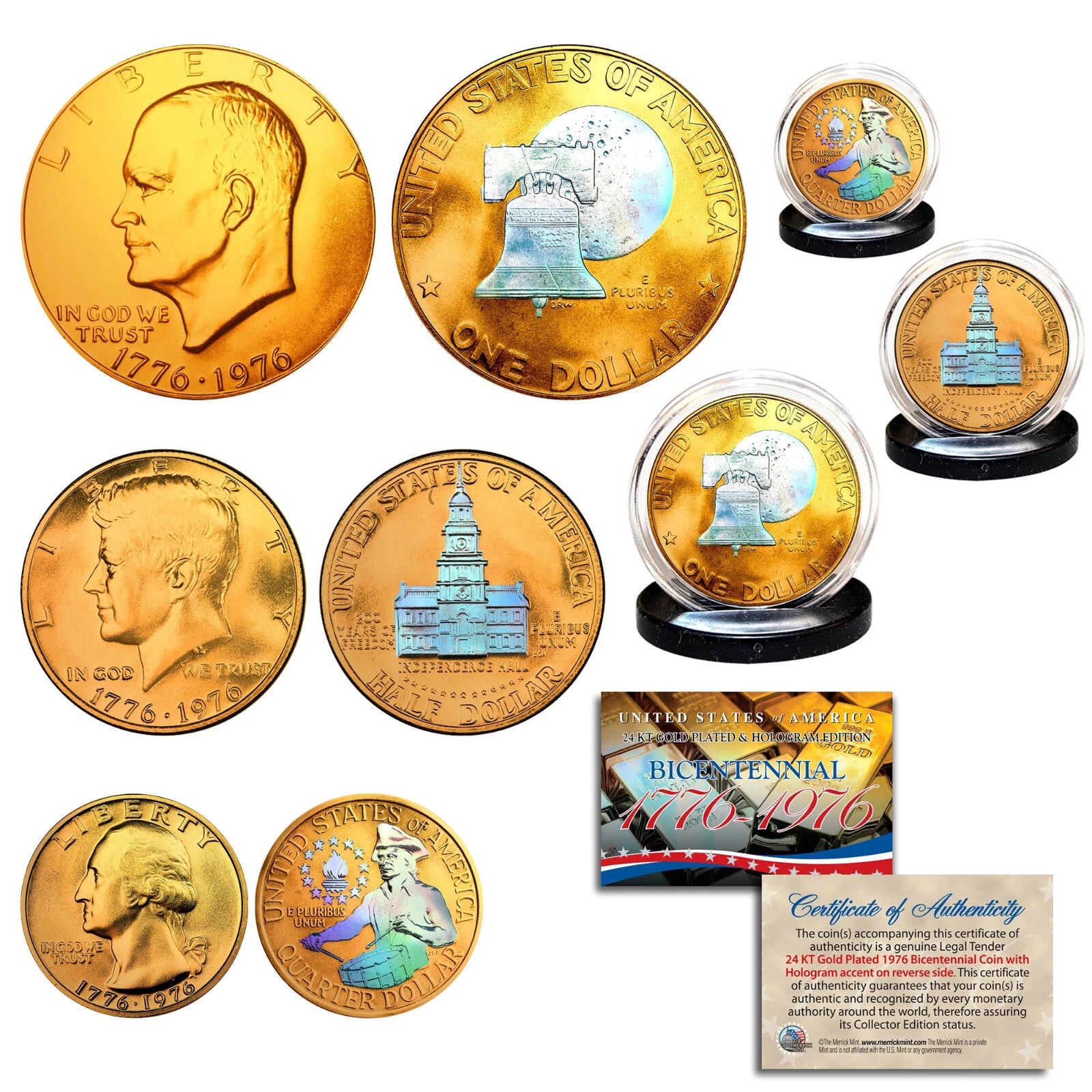 1976 Bicentennial 24K Gold Plated Prism Hologram JFK / IKE / QUARTER 3-Coin Set