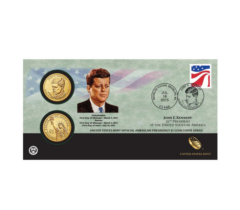 2015 John F. Kennedy One Dollar Coin Cover - 2 coins P&D with stamp-2