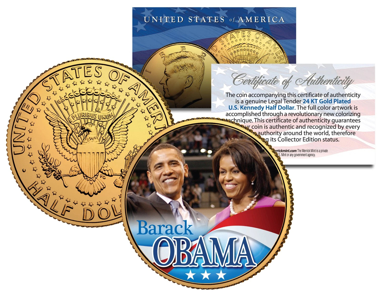 BARACK & MICHELLE OBAMA 2008 JFK Kennedy Half Dollar U.S. Coin 24K Gold Plated