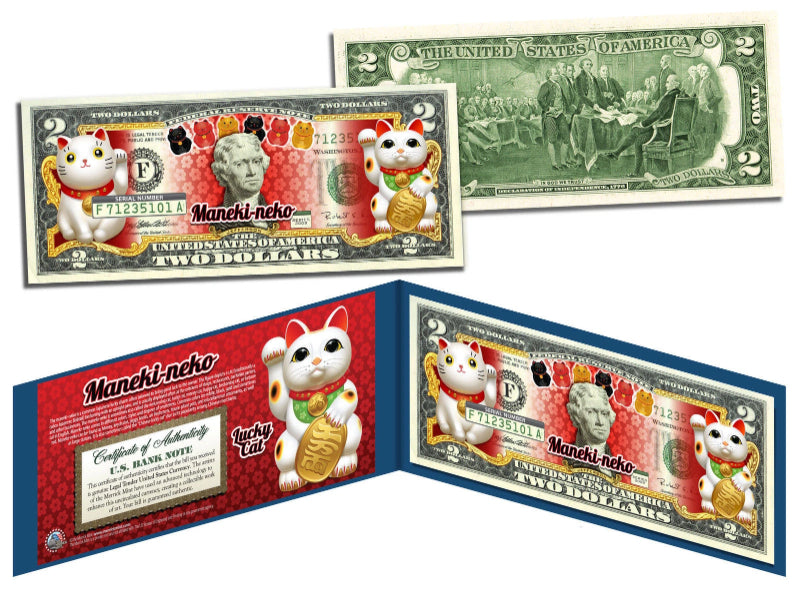 MANEKI NEKO LUCKY CAT Colorized $2 Bill U.S. Legal Tender Lucky Money with Folio-2