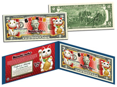 MANEKI NEKO LUCKY CAT Colorized $2 Bill U.S. Legal Tender Lucky Money with Folio-2