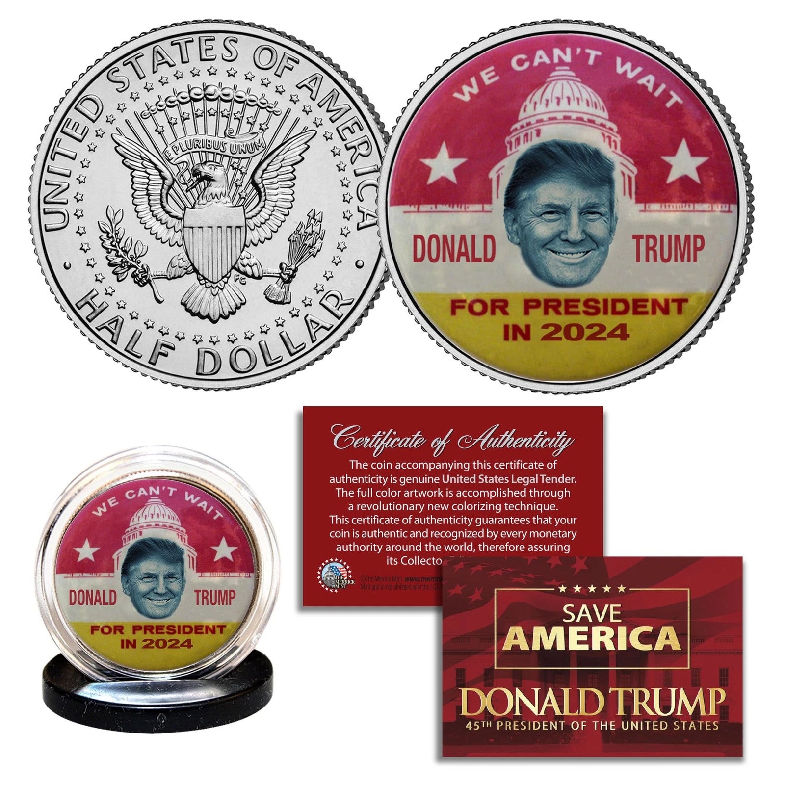 DONALD TRUMP FOR PRESIDENT 2024 Vintage Pin Style JFK Kennedy Half Dollar Coin-1