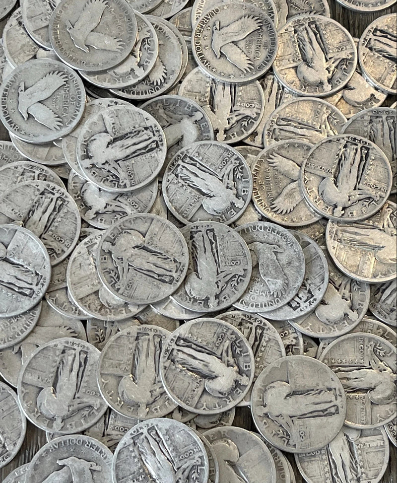 Monedas de veinticinco centavos Standing Liberty - 90 % plata - Fechas totalmente legibles ¡Elija la cantidad de monedas!-3