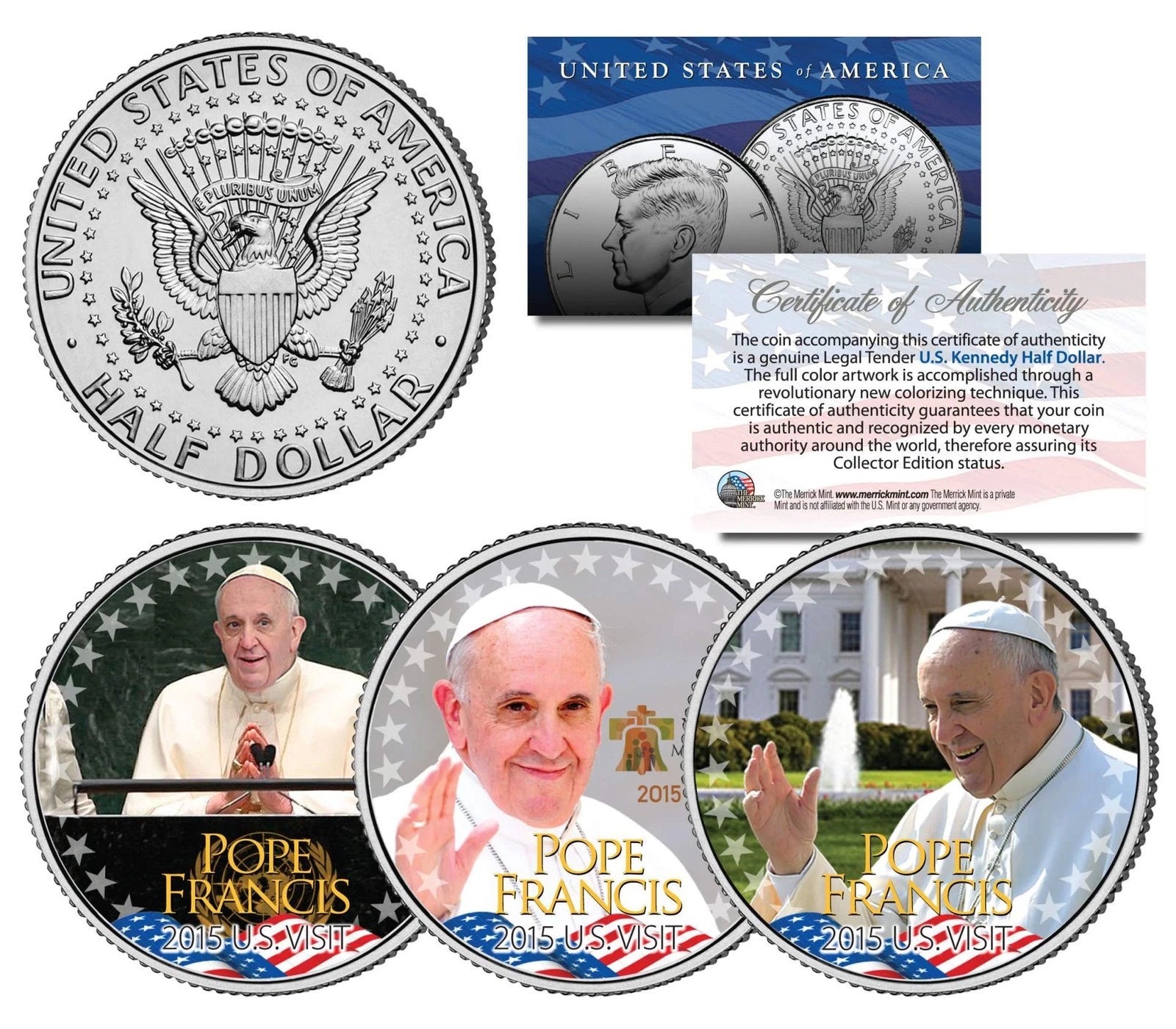 POPE FRANCIS * 2015 U.S. Visit * Papal Colorized JFK Half Dollar U.S. 3-Coin Set-1