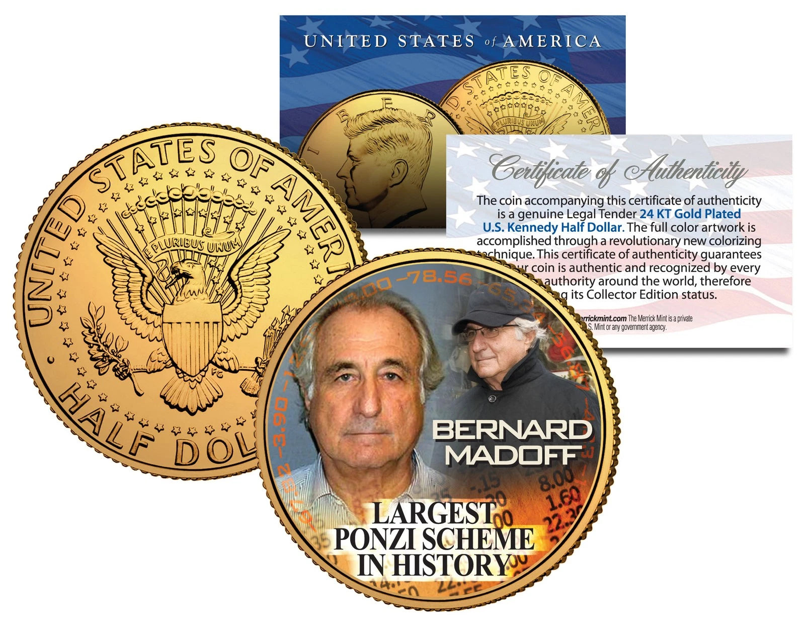 BERNARD MADOFF 24K Gold Plated JFK Half Dollar US Coin * LARGEST PONZI SCHEME *
