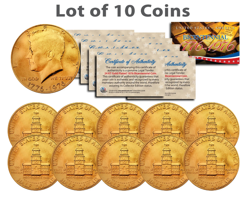 10 Count 1976 JFK Half Dollar US Coins 24K GOLD PLATED w/Capsules-1