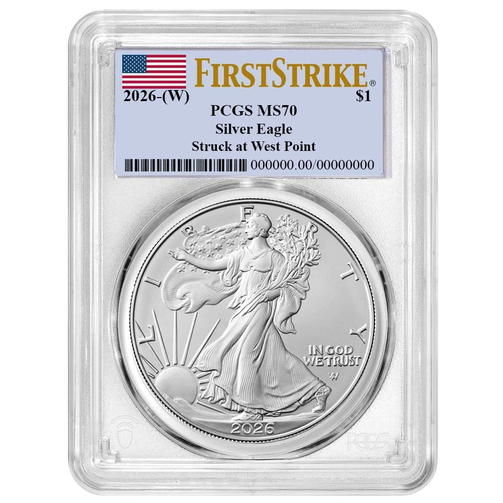 Etiqueta de bandera American Silver Eagle PCGS MS70 FS de $1 de 1 oz 2026 (W)