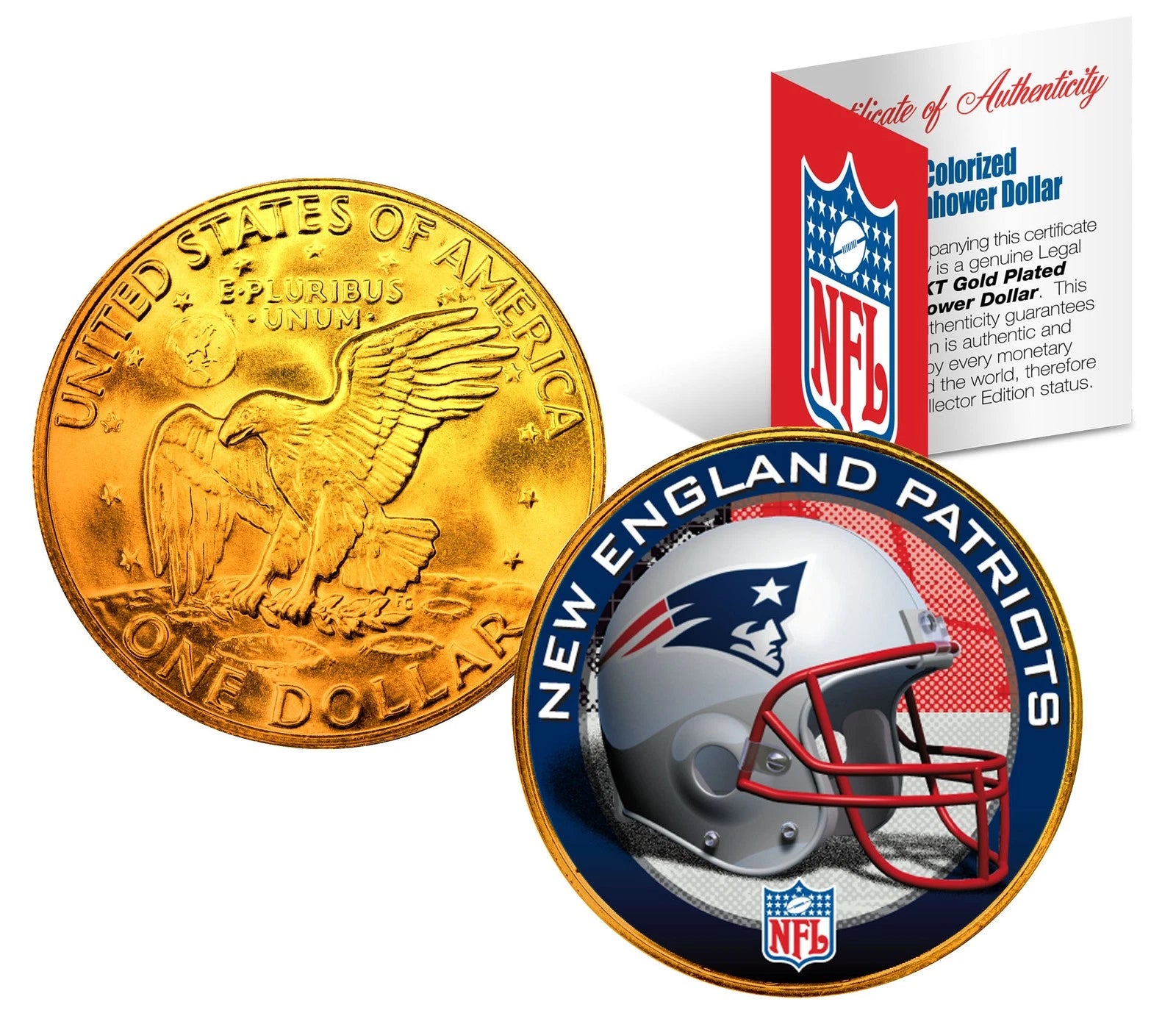NEW ENGLAND PATRIOTS NFL 24K Gold Plated IKE Dollar US Coin OFFICIALLY LICENSED