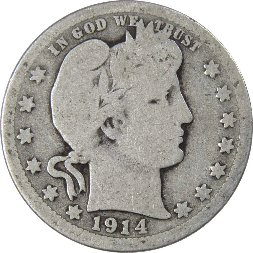 1914 Barber Quarter Circulated Silver 25c Coin Collectible-1