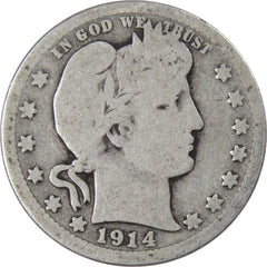 1914 Barber Quarter Circulated Silver 25c Coin Collectible-1