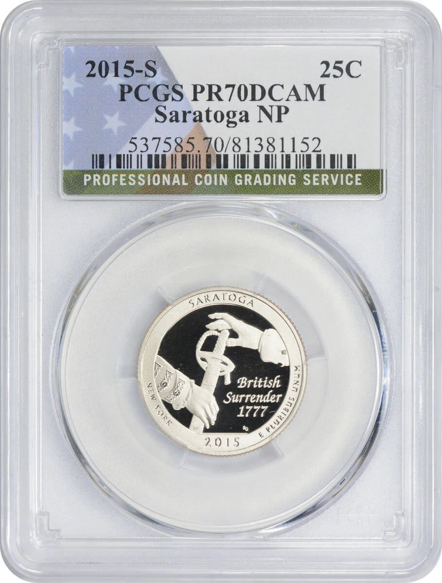 Moneda de veinticinco centavos del Parque Nacional de Saratoga, revestida con bandera, 2015-S, PR70DCAM, PCGS, prueba 70 DC