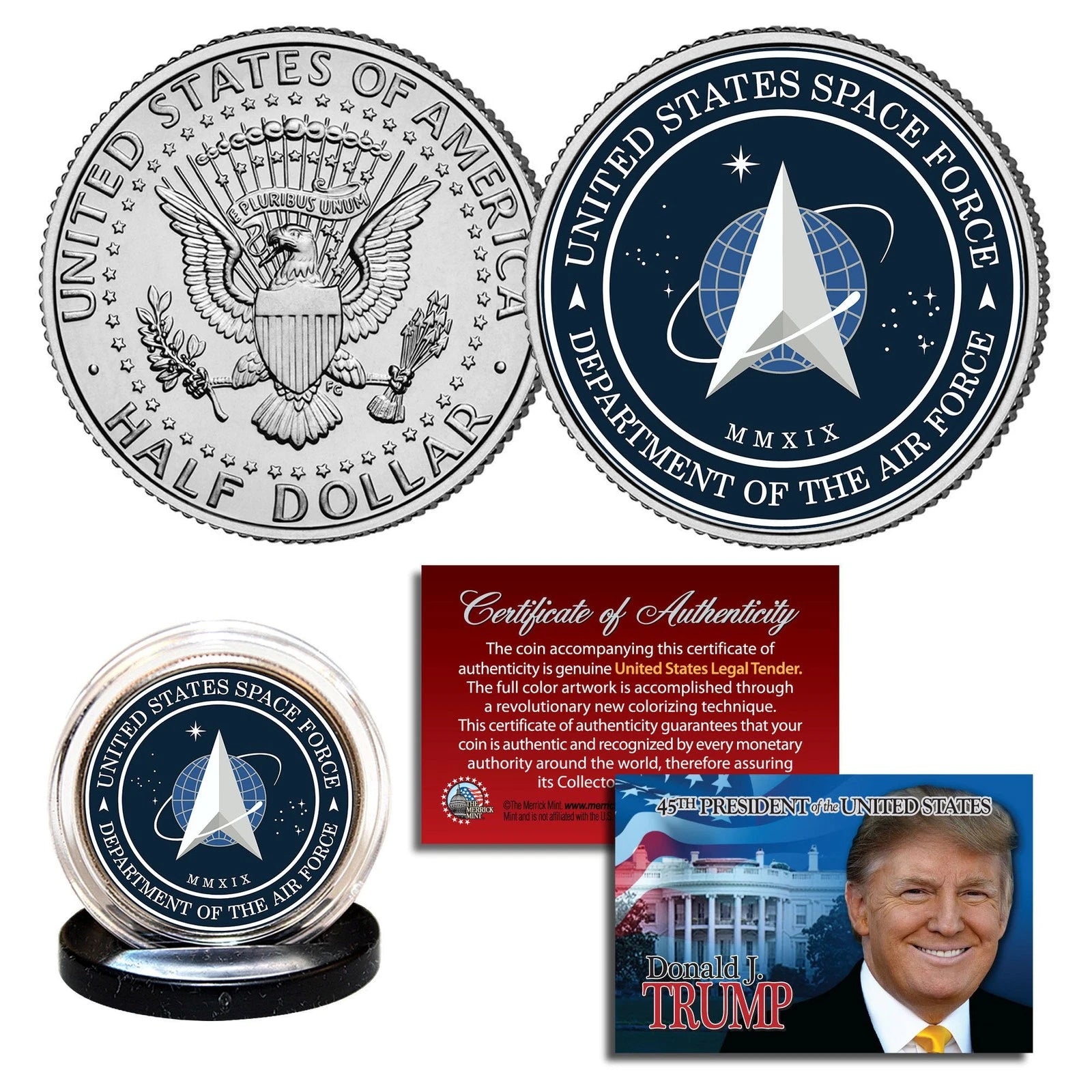 United States Space Force USSF with Trump COA JFK Kennedy Half Dollar Coin