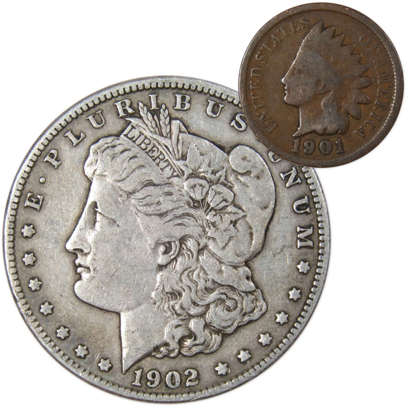 902 O Morgan Dollar F Fine 90% Silver Coin with 1901 Indian Head Cent G Good-1