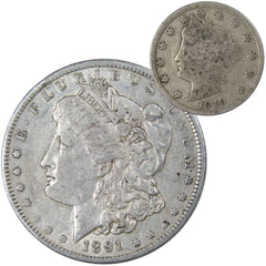 1891 O Morgan Dollar VF Very Fine 90% Silver with 1910 Liberty Nickel G Good-1