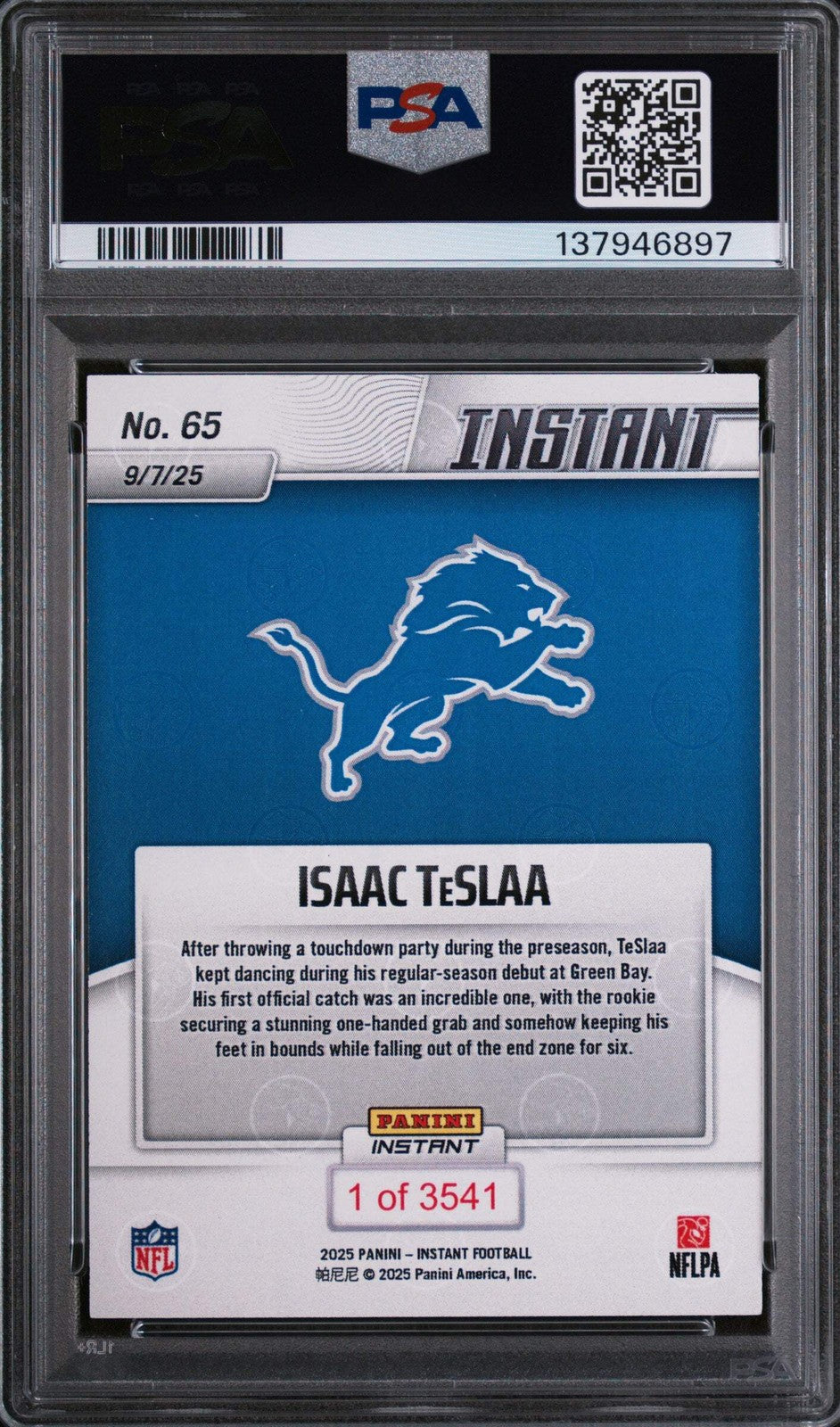 Graded 2025 Panini Instant Isaac Teslaa #65 Rookie Football Card PSA 10 Gem Mint