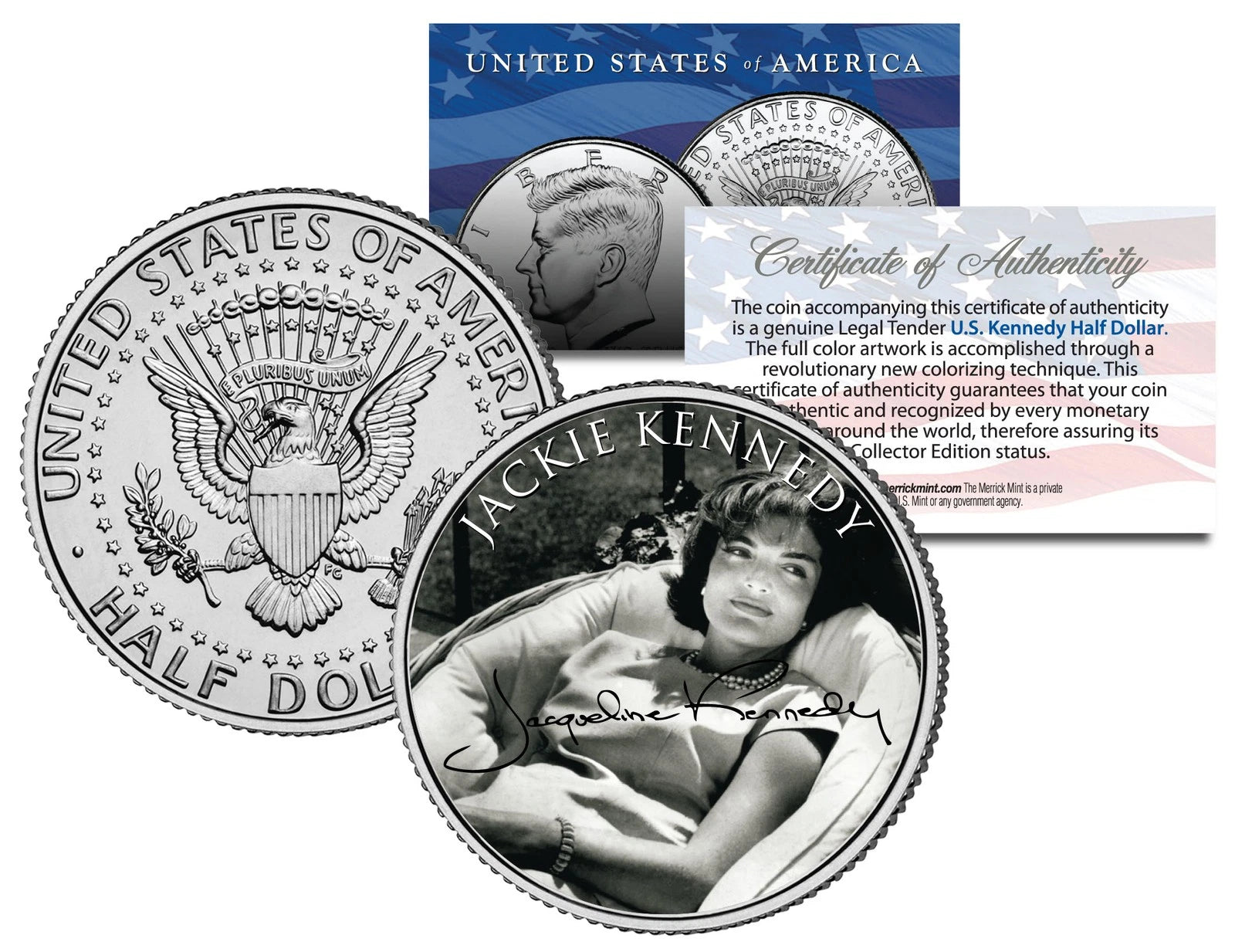 Jacqueline Kennedy Onassis JFK Kennedy Half Dollar Coin - BW Signature