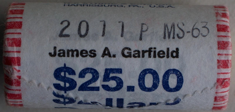 2011 P James A. Garfield Uncirculated One Dollar 25 Golden Coin Roll $1-2