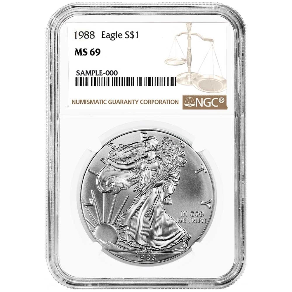 Moneda de plata americana NGC MS69 de 1 dólar de 1988 con etiqueta marrón-2