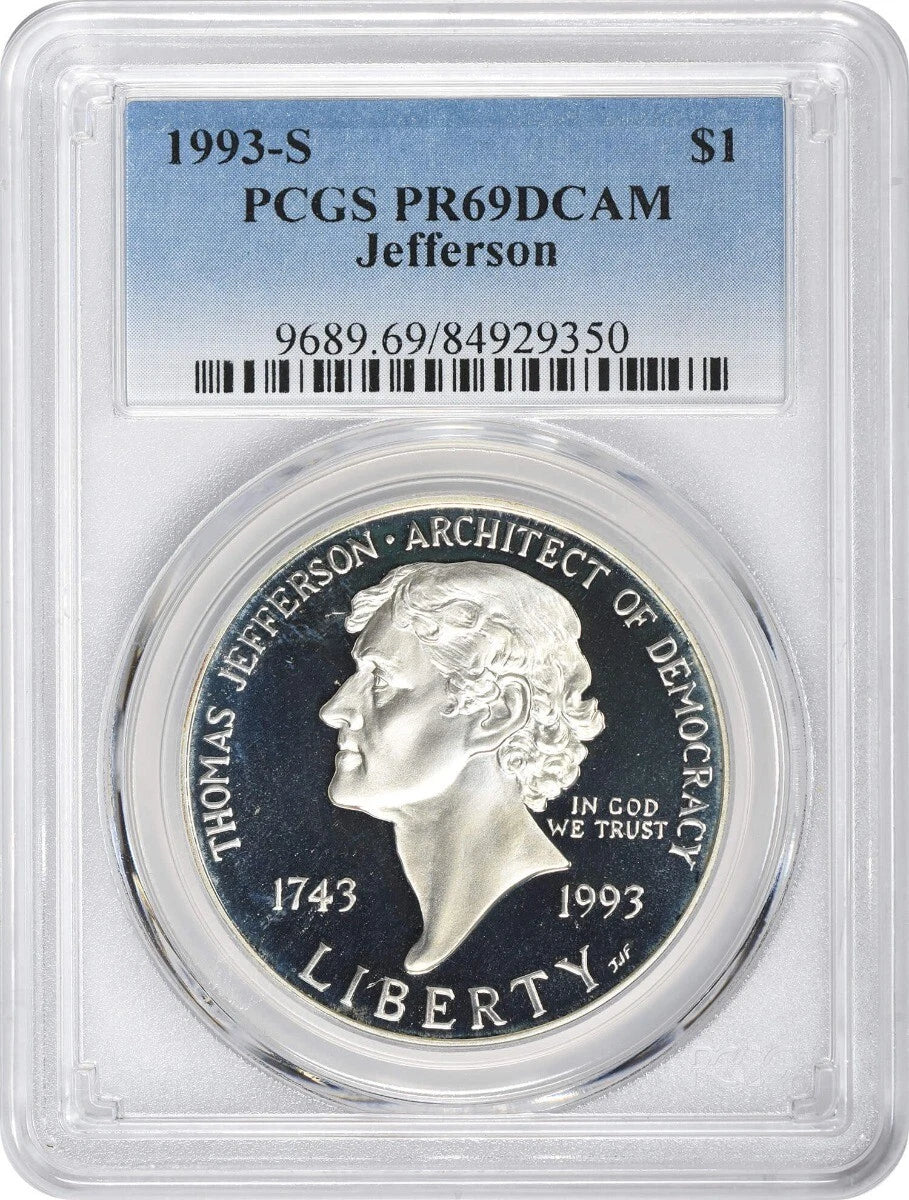 1993-S Jefferson Silver Commemorative Dollar PR69DCAM PCGS Proof 69 Deep Cameo-1