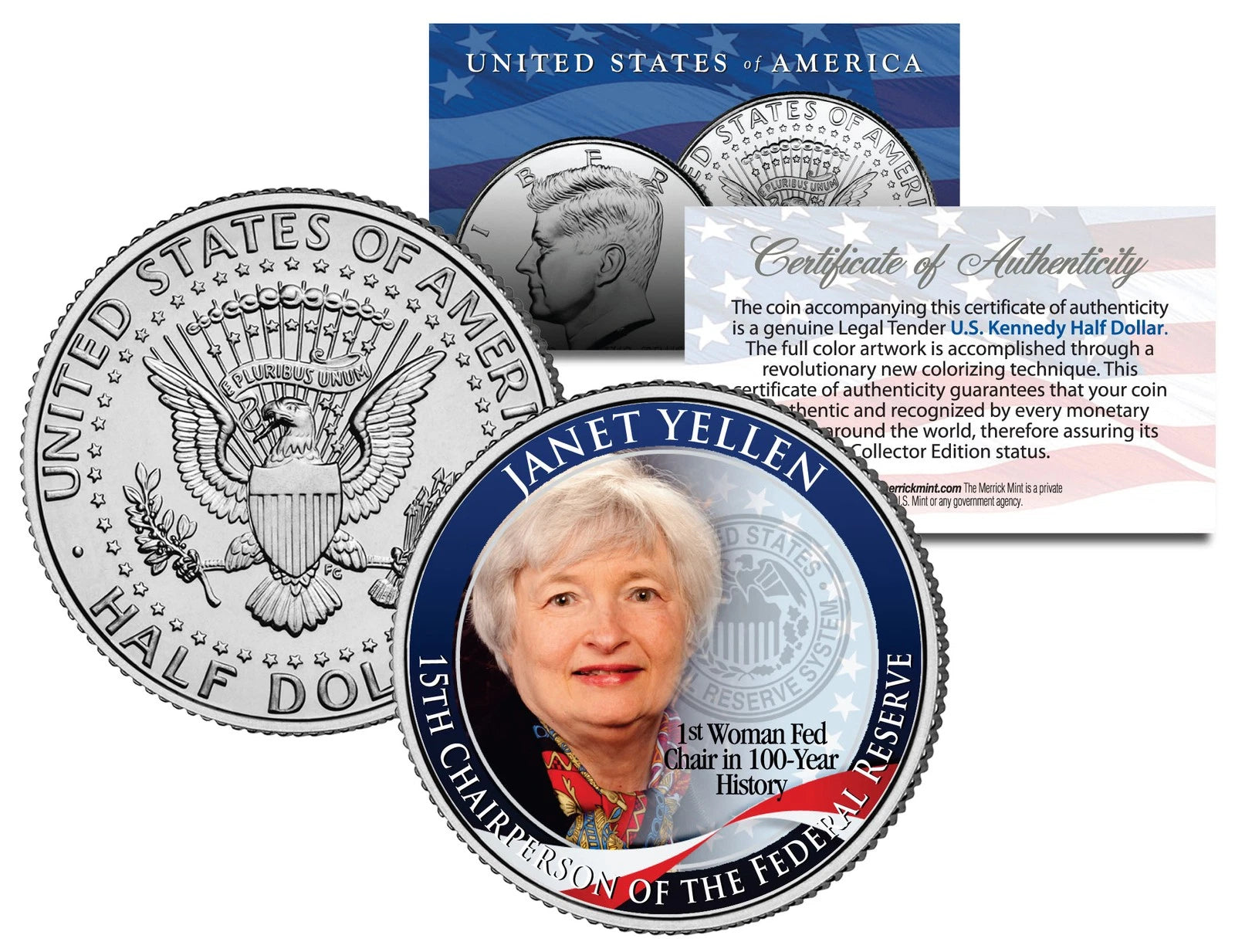 JANET YELLEN First Woman *Federal Reserve Bank JFK Half Dollar US Colorized Coin-1