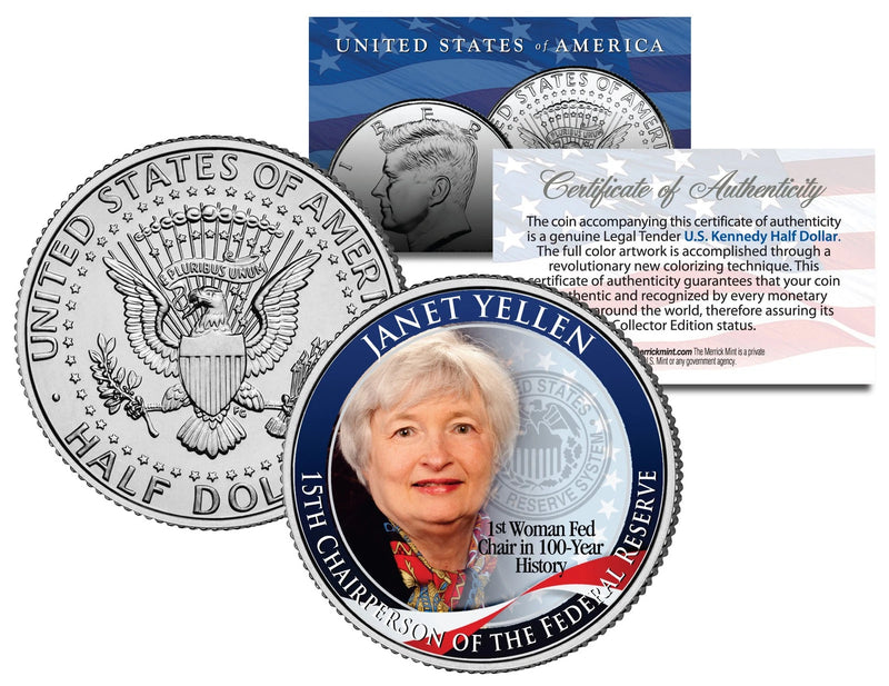 JANET YELLEN First Woman *Federal Reserve Bank JFK Half Dollar US Colorized Coin-1