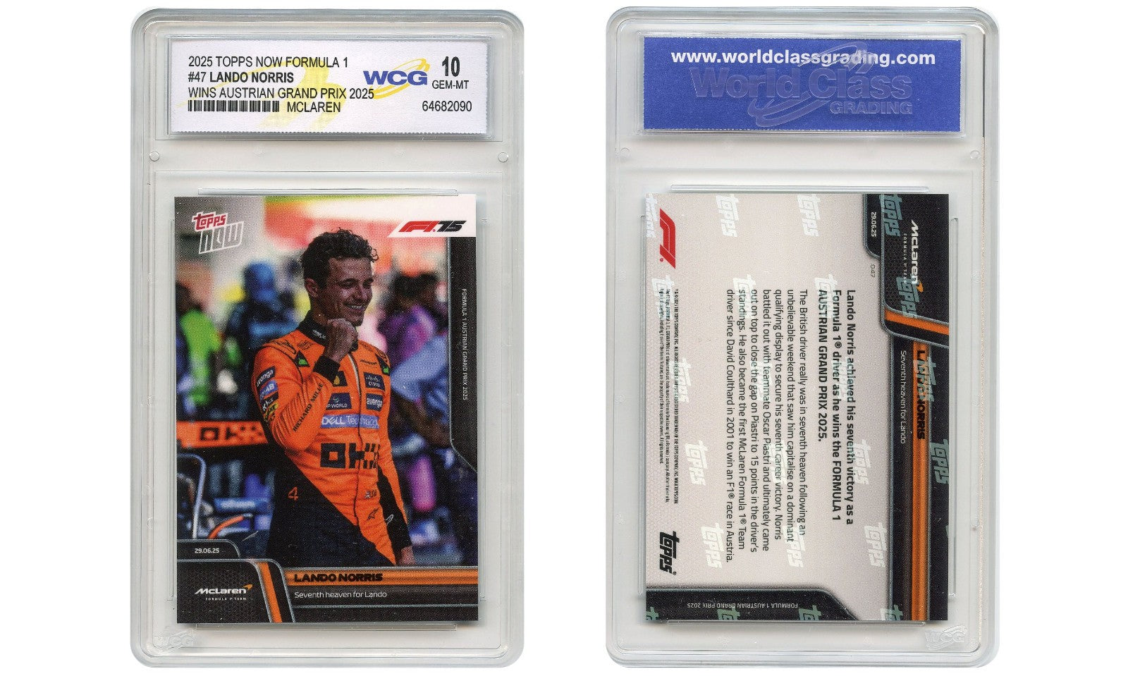 2025 Topps Now Formula 1 LANDO NORRIS McLaren 7th F1 Victory Card #47 GEM MT 10-1