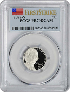 Moneda de níquel Jefferson 2022-S PR70DCAM de primer impacto PCGS-1