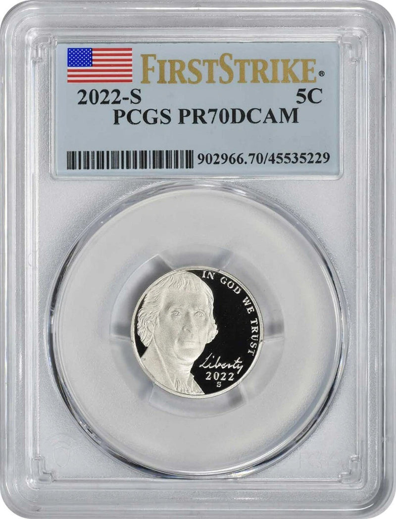 Moneda de níquel Jefferson 2022-S PR70DCAM de primer impacto PCGS-1