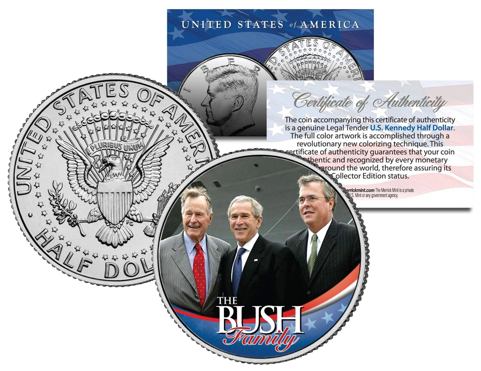 BUSH FAMILY * George HW W & Jeb * Colorized JFK Kennedy Half Dollar U.S. Coin-1