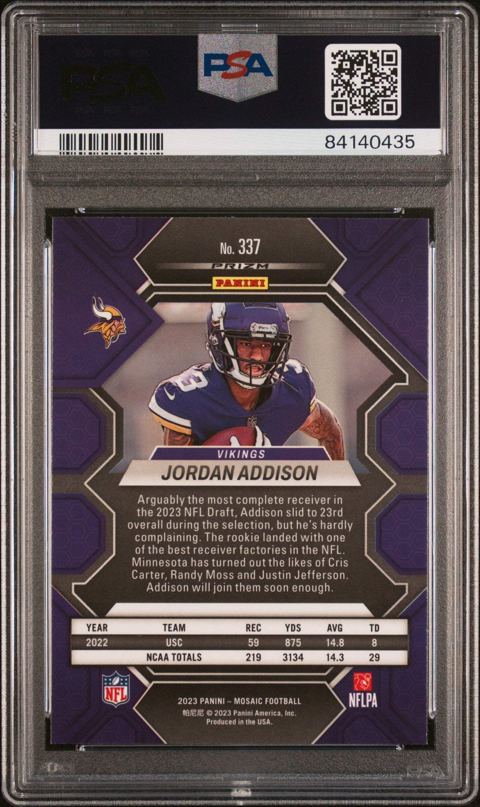 Graded 2023 Panini Mosaic Jordan Addison #337 Mosaic Rookie Football Card PSA 10
