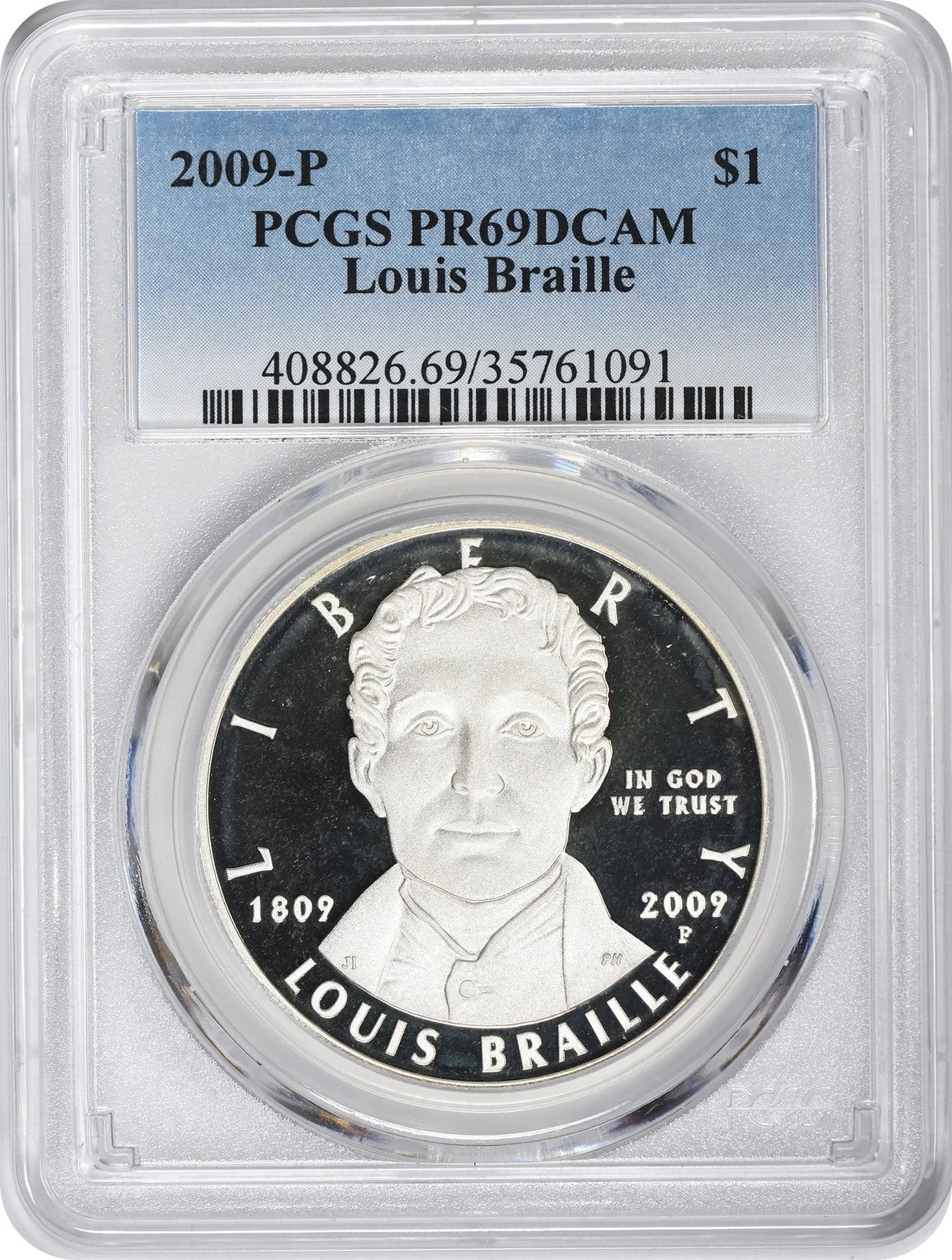 2009-P Louis Braille Silver Commemorative Dollar PR69DCAM PCGS Proof 69 Deep Cam