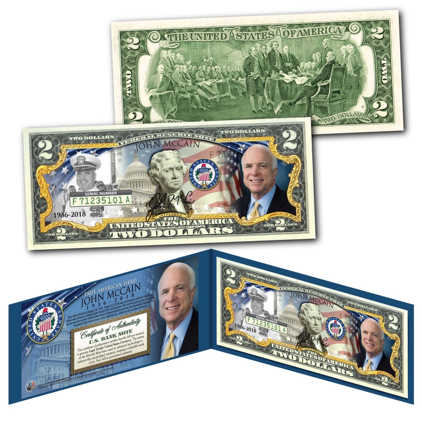 JOHN McCAIN True American Hero 1936-2018 OFFICIAL Genuine Legal Tender $2 Bill