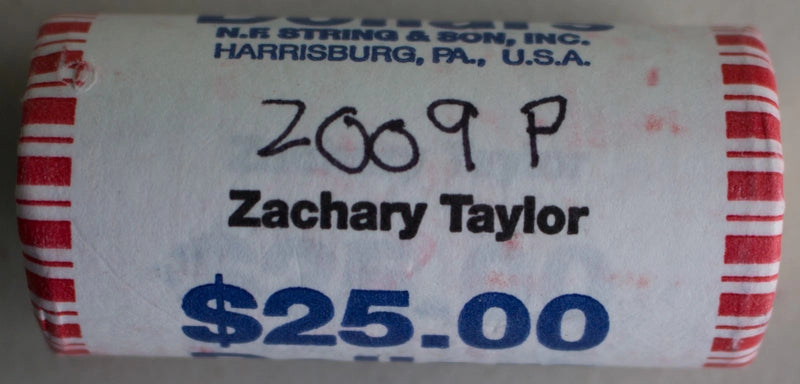 2009 P Zachary Taylor Uncirculated One Dollar 25 Golden Coin Roll $1-2