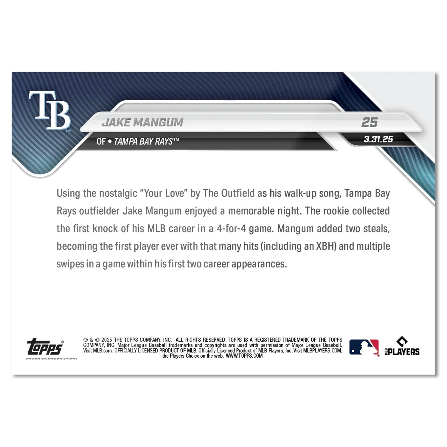 Graded 10 Jake Mangum #25 RC Rookie 2025 MLB TOPPS NOW Card Tampa-3