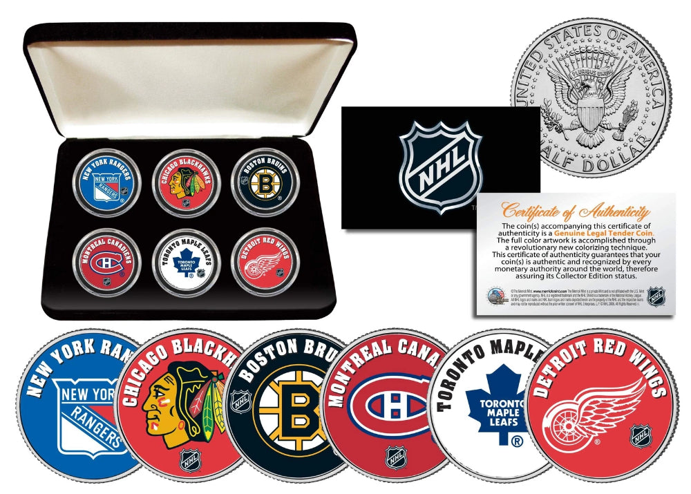 NHL ORIGINAL SIX TEAMS Colorized JFK Half Dollars U.S. 6-Coin Set w/Display Box-1