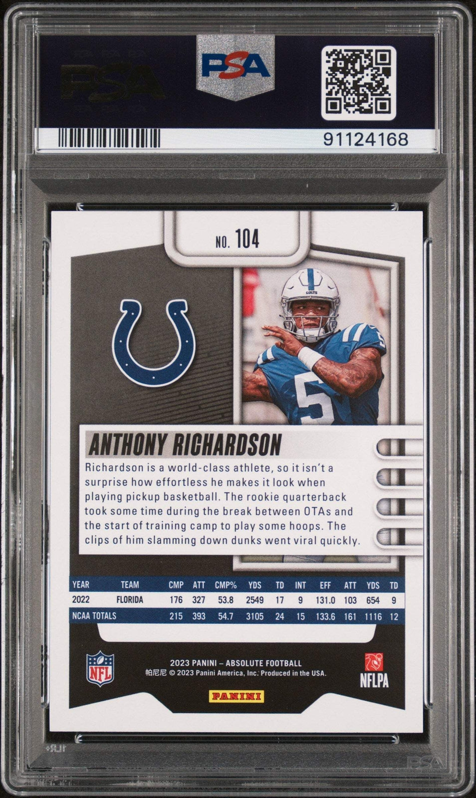 Graded 2023 Panini Absolute Anthony Richardson #104 Blue RC Football Card PSA 10