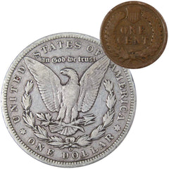 1896 O Morgan Dollar F Fine 90% Silver Coin with 1902 Indian Head Cent G Good-2