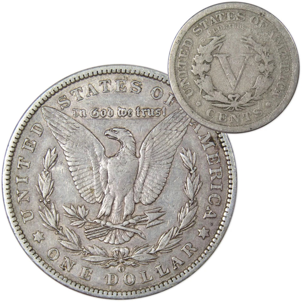 1901 O Morgan Dollar VF Very Fine 90% Silver with 1907 Liberty Nickel G Good