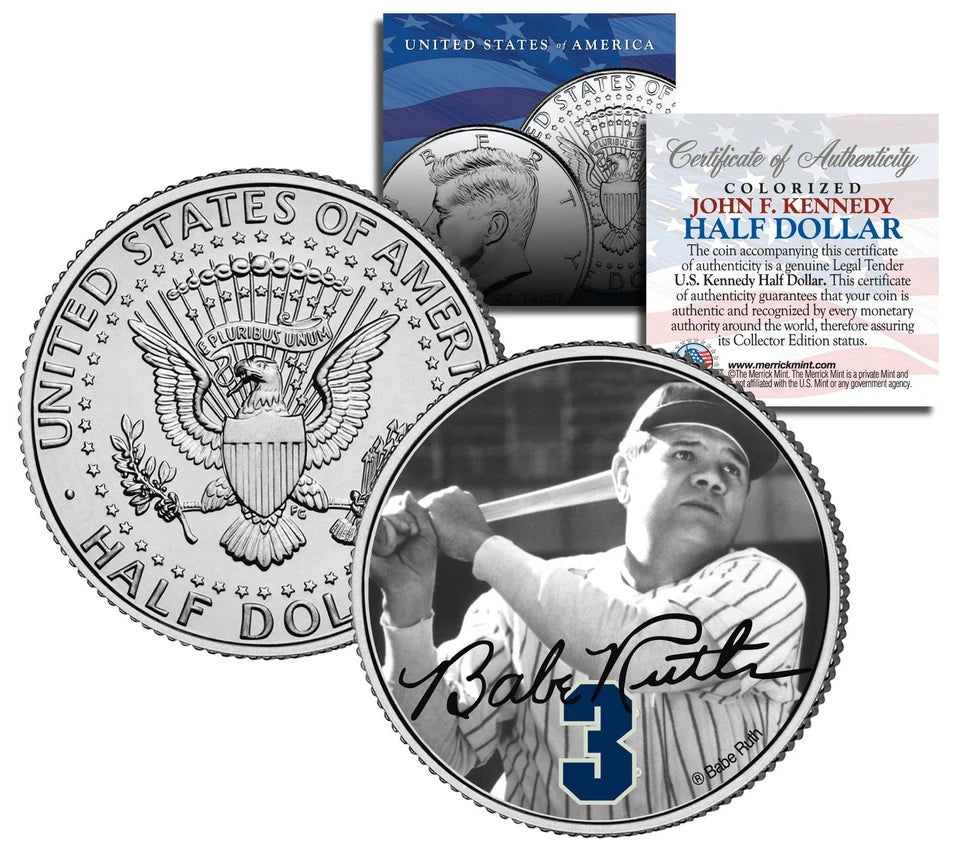 Moneda de medio dólar estadounidense de JFK Kennedy, "Sosteniendo un bate" de Babe Ruth *Con licencia oficial*-1
